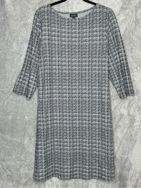 J Jill Wearever Collection Large Shift Dress Gray Plaid 3/4 Sleeve Round Neck